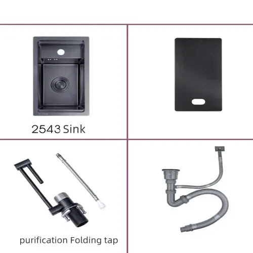 Black stainless steel kitchen sink with hidden single bowl; small size set includes folding purification tap.
