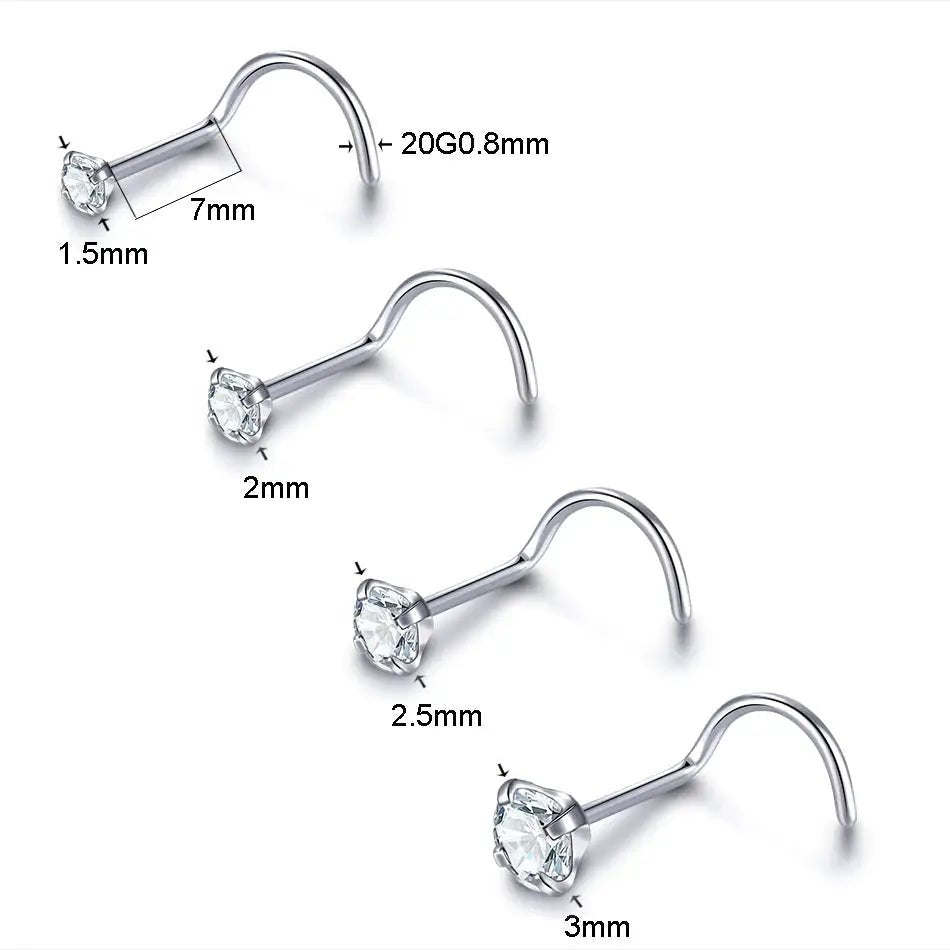Titanium Nose Stud Ring Set Round CZ Crystal Nose Piercings 1.5mm 2mm 2.5mm 3mm Screw Nostril Piercing Jewelry 20G - Simples Market