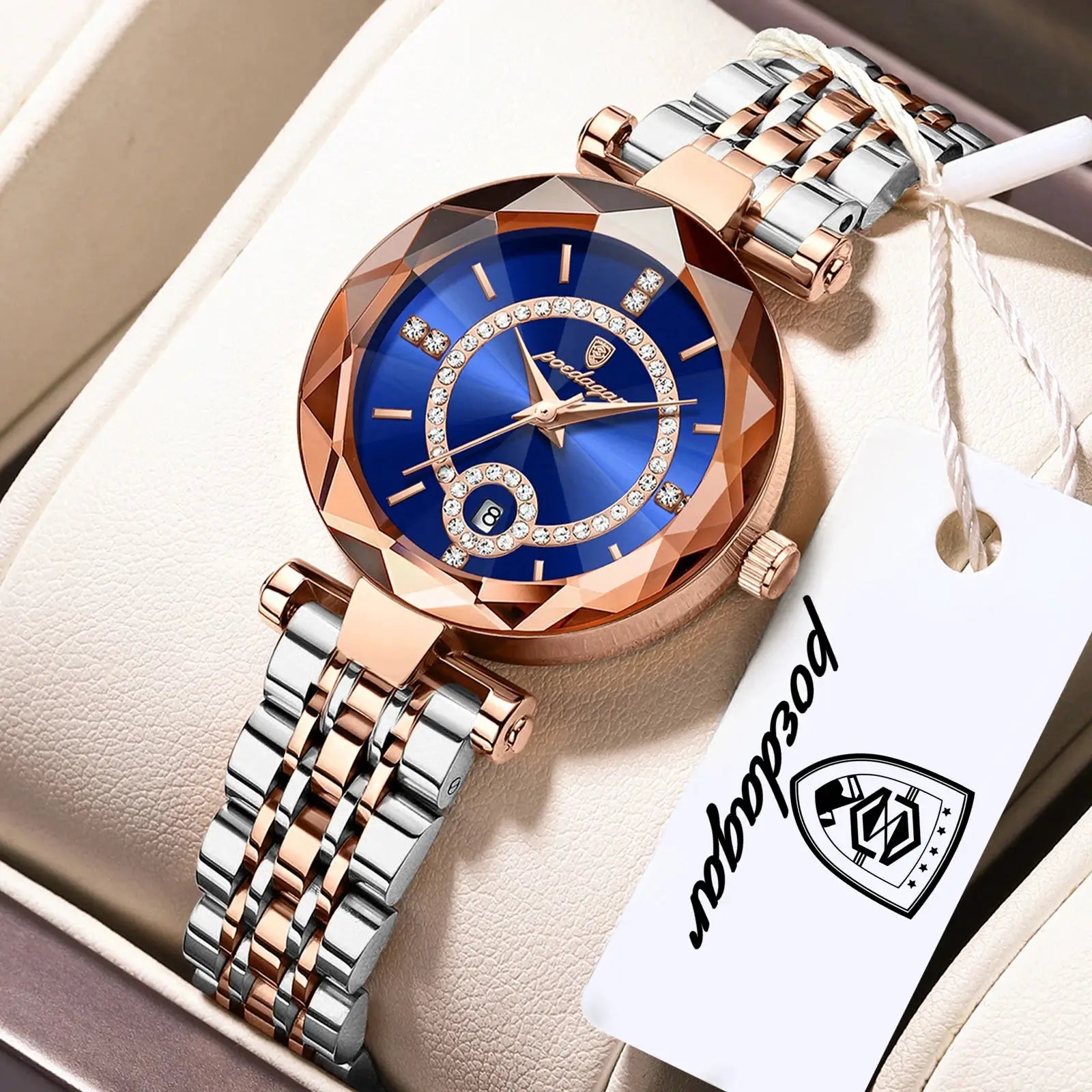 POEDAGAR women's wristwatch with blue dial, crystal bezel, date window, two-tone rose-gold and silver bracelet