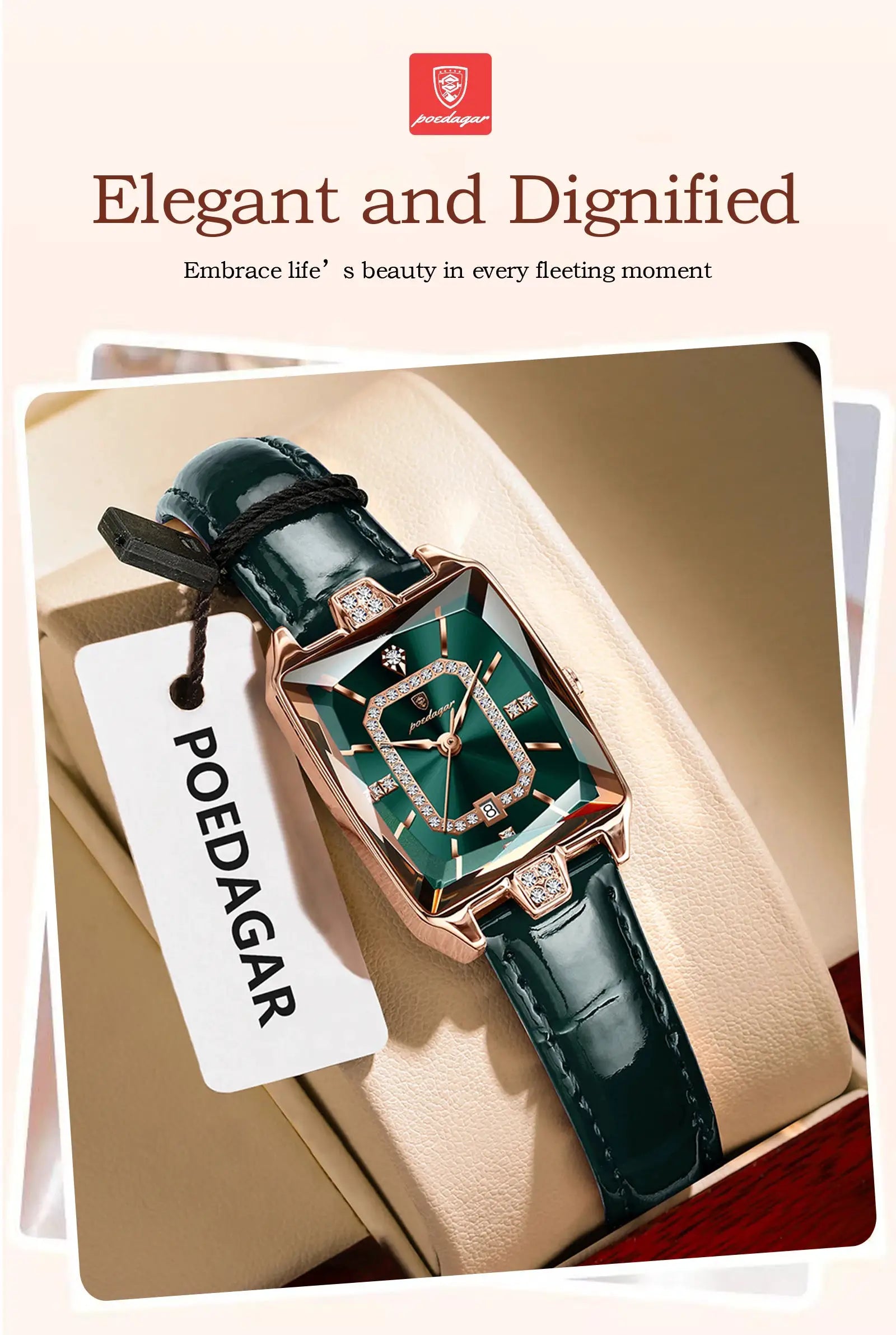POEDAGAR luxury women's wristwatch with green dial, diamond bezel, rose-gold case and green leather strap in box