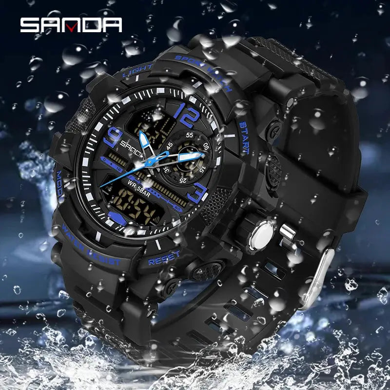 SANDA 6130 dual-display men's sport watch, black with blue accents, military-grade waterproof, LED digital clock.