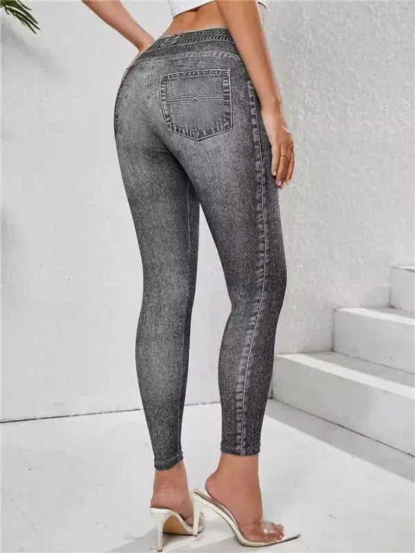 Women's imitation denim leggings with pockets in gray, high-stretch tummy-control fit.