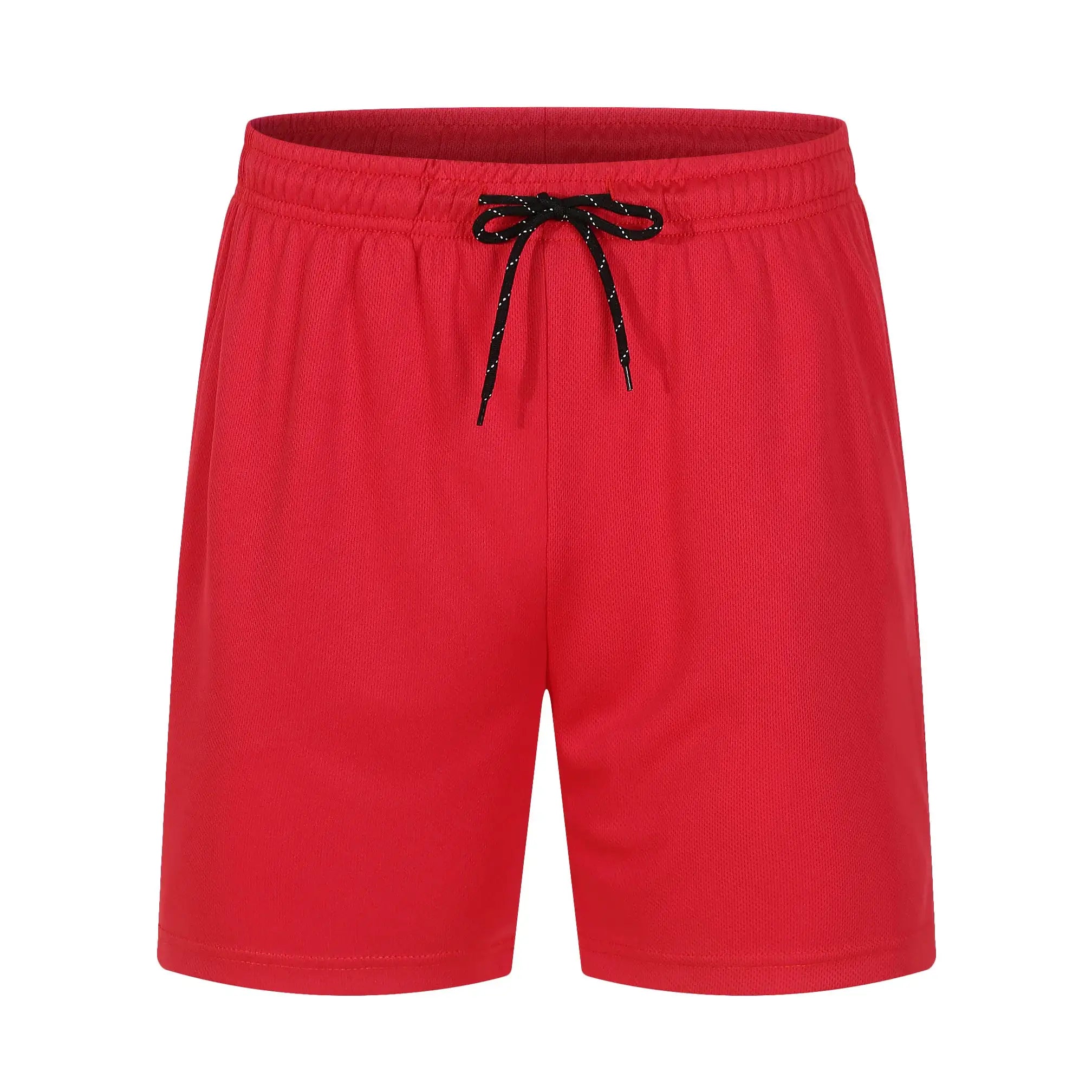 Two red men's sports shorts with black drawstrings; breathable quick-dry mesh polyester gym wear