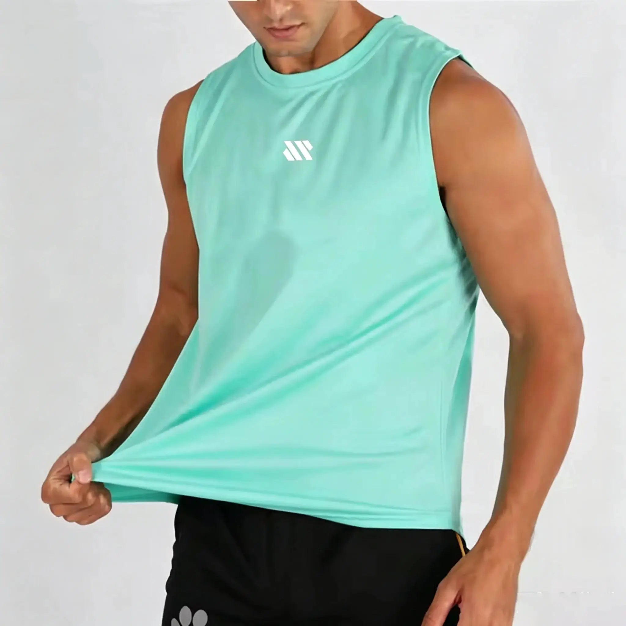 Men's mint green mesh sleeveless gym vest with white chest logo by Simples Market