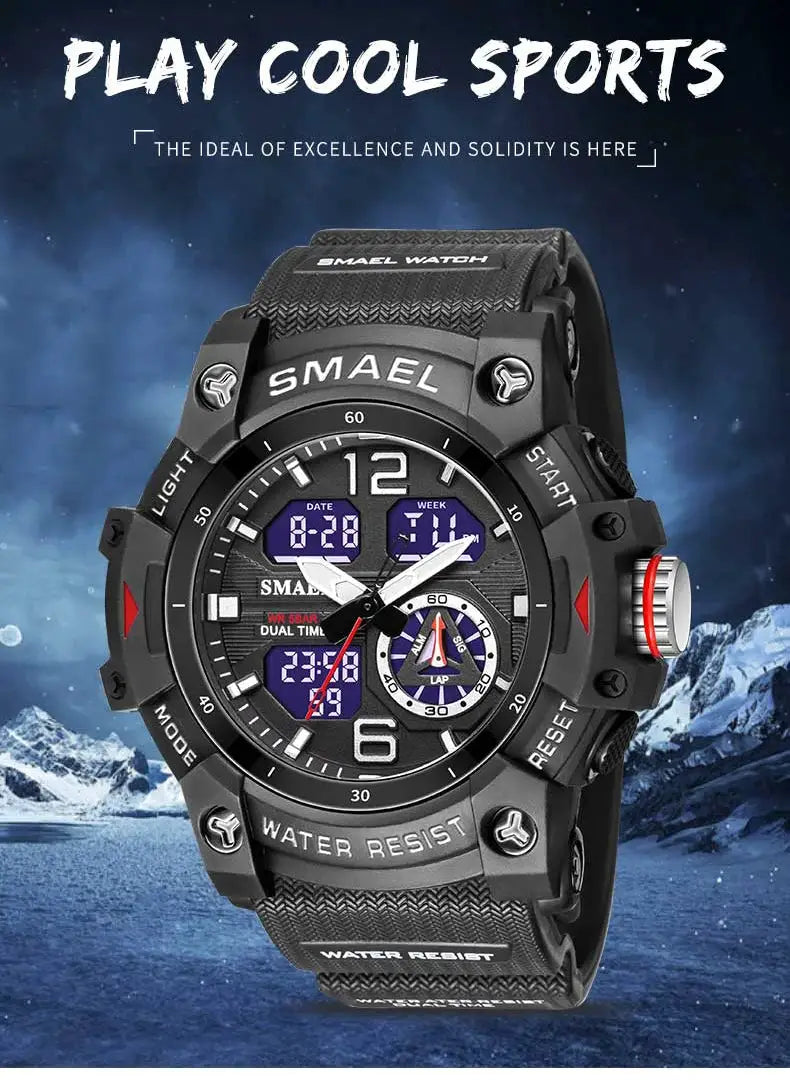 SMAEL sport watch for men, black military wristwatch with LED display