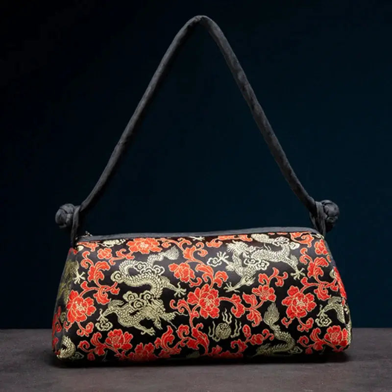 Shoulder bag with black satin, gold/red embroidered dragon and floral pattern by Simples Market