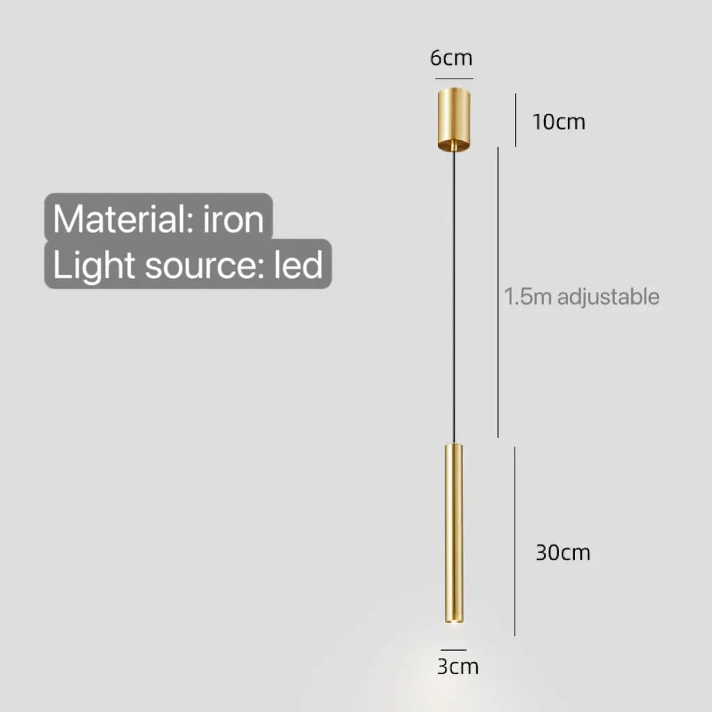 Simples Market minimalist gold iron pendant lamp with LED light, adjustable 1.5m cable and 30cm lower tube.