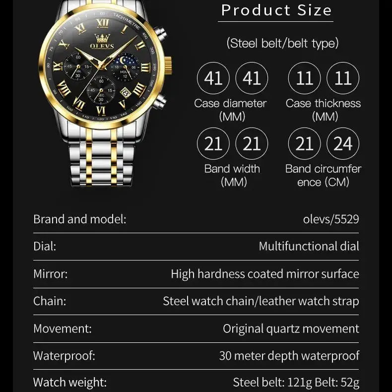 OLEVS 5529 stainless steel two-tone men's watch with gold bezel, black dial, luminous hands and subdials