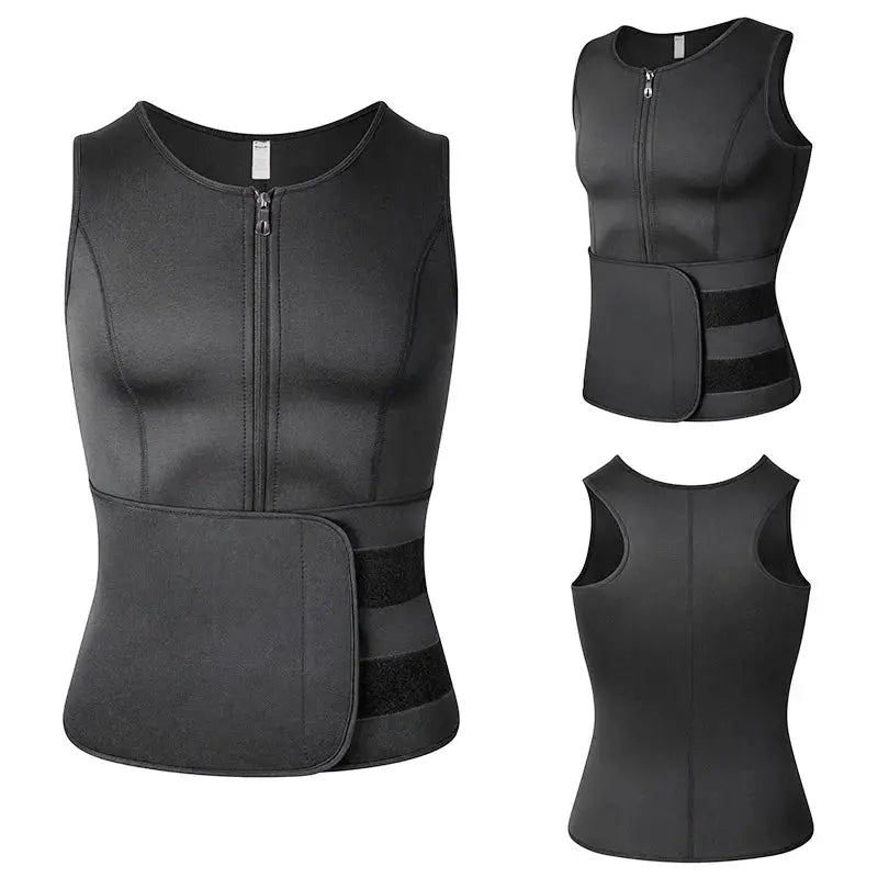Vensslim men's black waist trainer vest by Simples Market; front zipper and Velcro waist belt; body shaper