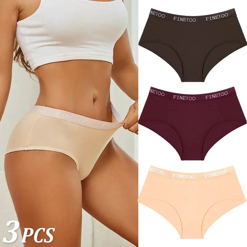 3-pack women's cotton briefs with FINETOO branded waistband in black, burgundy, and peach