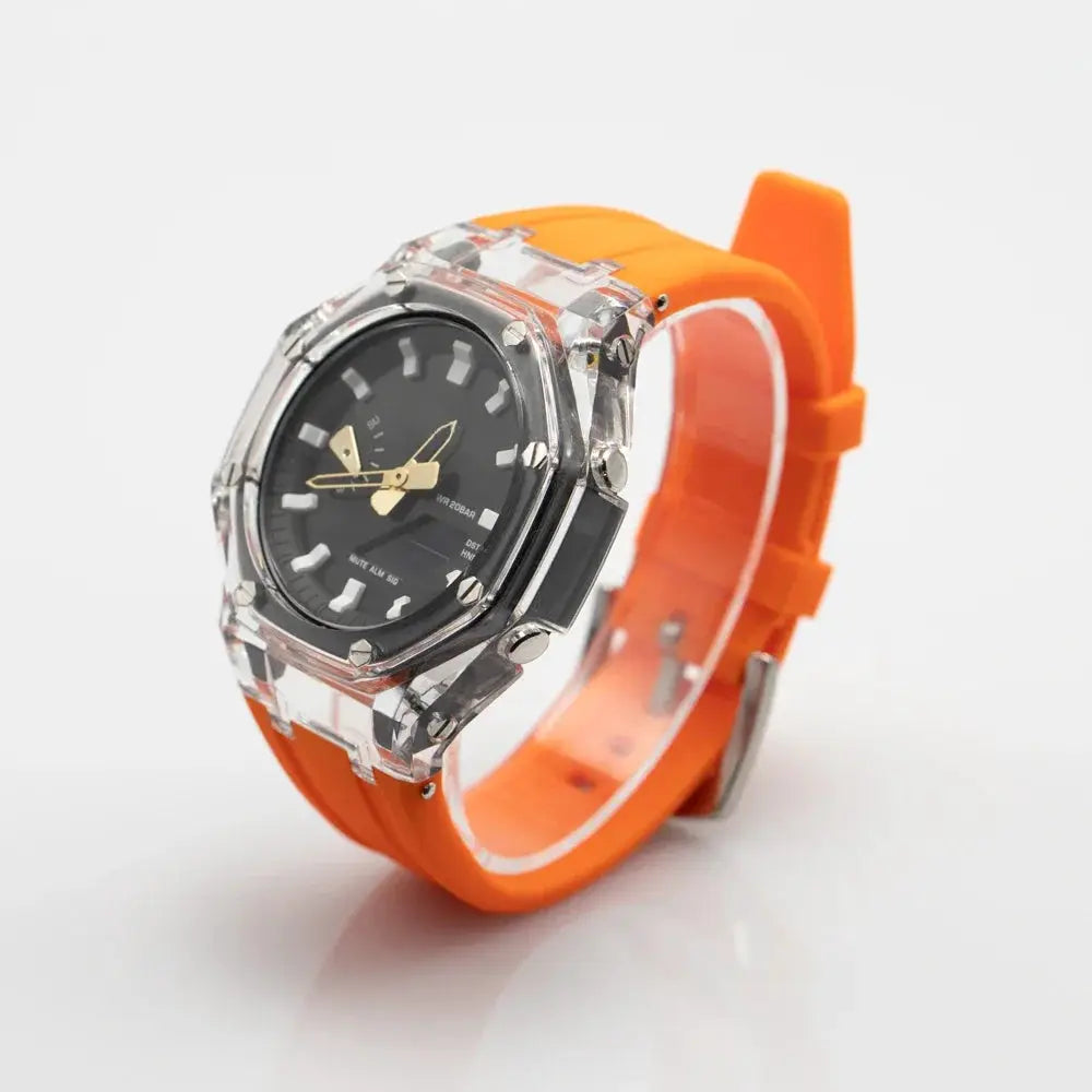 Transparent Casioak mod kit with clear PC case and orange silicone strap