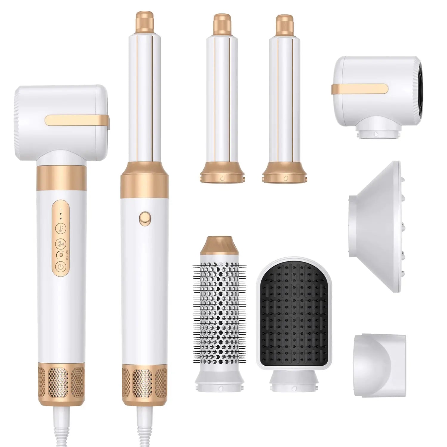 7-in-1 hair dryer brush kit Simples Market; white and gold with diffusers and attachments
