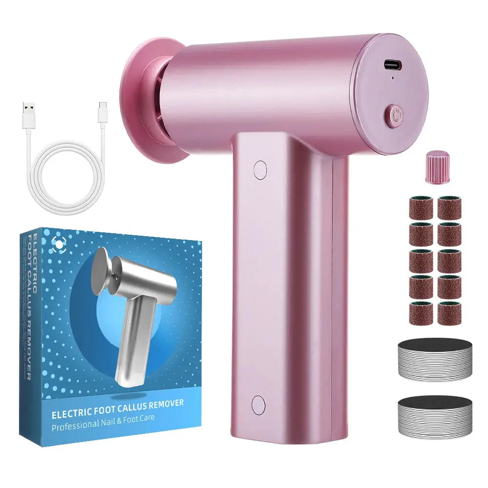 Electric foot callus remover by Simples Market in pink with USB charger, includes replacement sanding discs and rolls
