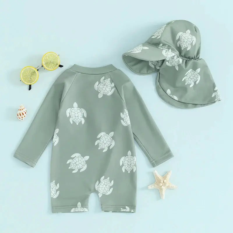 Tregren Toddler Boys Rash Guard Swimsuit Long Sleeve Turtle And Dinosaur Print Bathing Suit With Swim Caps Beachwear