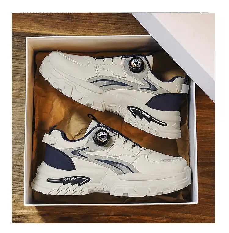 GAISIMA men's chunky-sole sneakers in white with navy accents, two sneakers in box