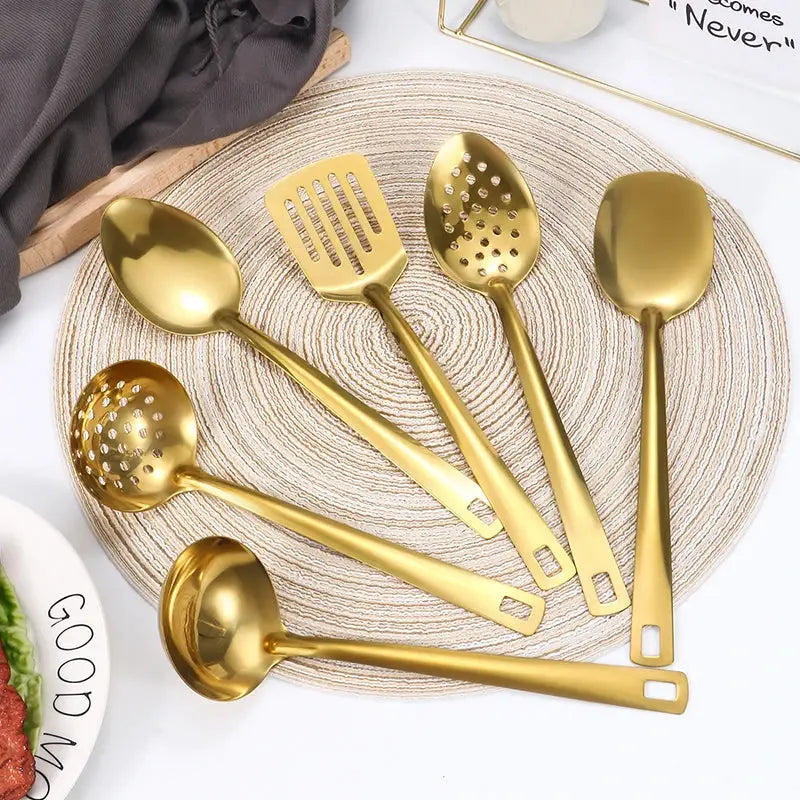 Two And Six Piece Stainless Steel Kitchenware Set Korean Golden Design Soup Spoon Colander Hot Pot Spoon Frying Spoon