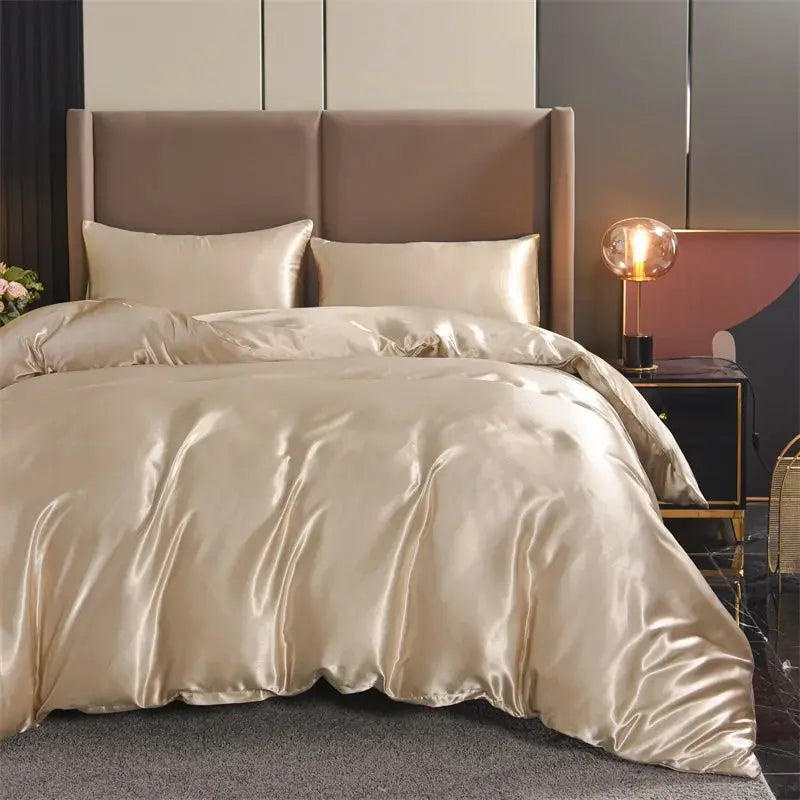Simples Market 3-piece satin duvet cover set in champagne gold for queen bed