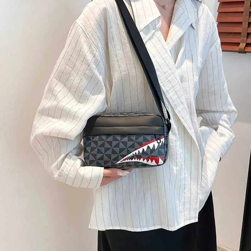 Creative Shark Mouth Crossbody Bag Bold Shark Mouth Print Large Capacity For Coins And Phone