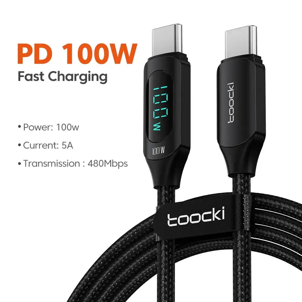 Toocki Type-C to Type-C cable, 100W PD fast charging, black braided USB-C cable with display
