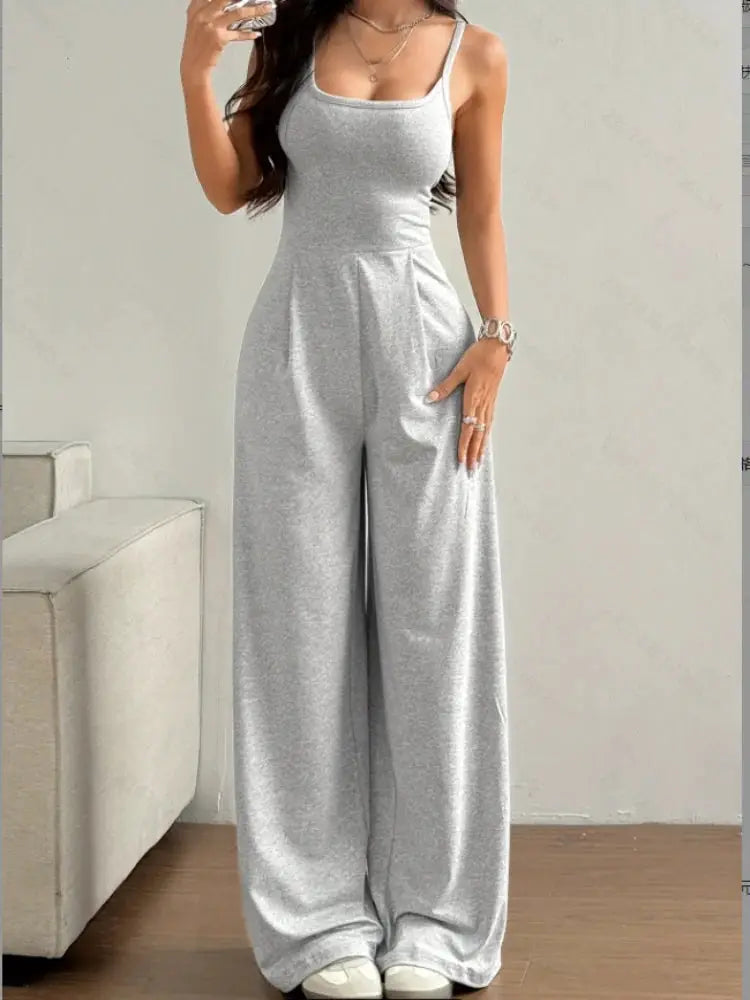Women's halter jumpsuit in light gray, sleeveless backless, wide-leg floor-length
