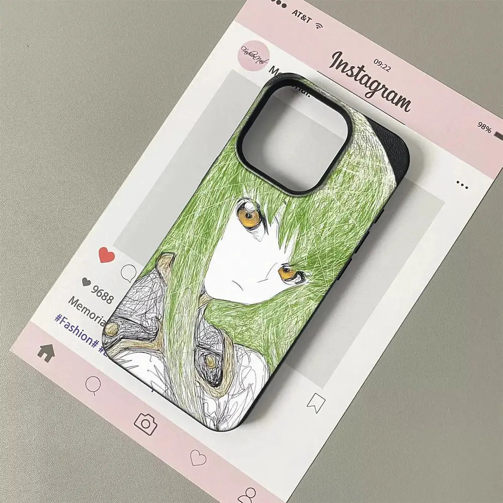 KawaiiCase Anime Sketch Green Haired iPhone Case For 11 Pro Max To 17 Pro Max Clear Half Wrapped Silicone Protection
