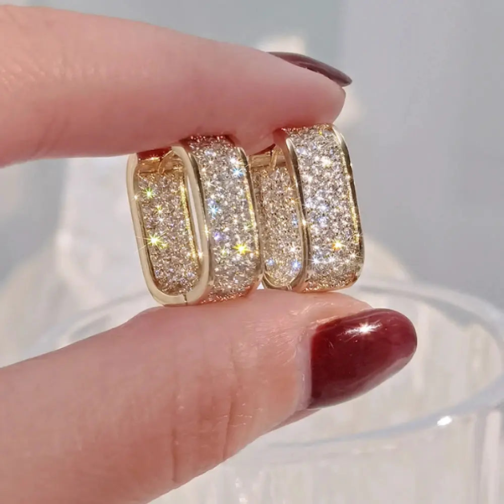 Huitan Korean Fashion Paved CZ Hoop Earrings for Women Silver or Gold Color Versatile Copper Alloy