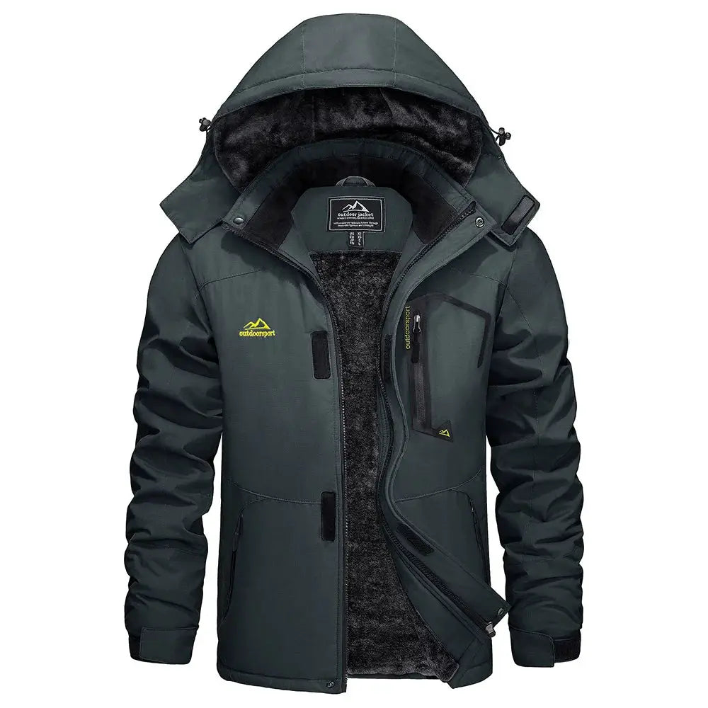 KEFITEVD men's green waterproof ski jacket with thick fleece lining and hood, outdoorsport logo