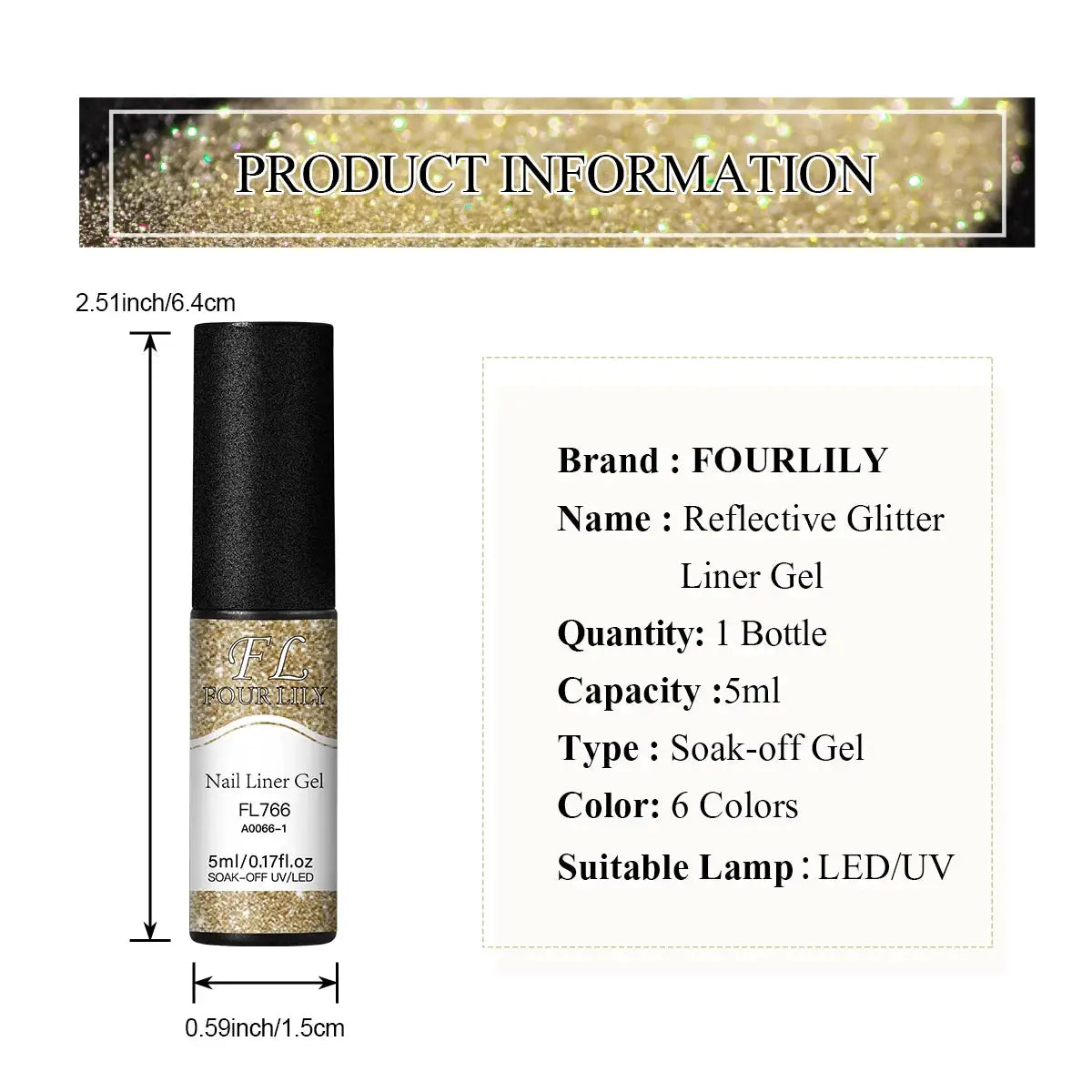 Four Lily Reflective Glitter Liner Nail Gel Polish 5ml Gold Silver Red Shine For UV LED Lamps