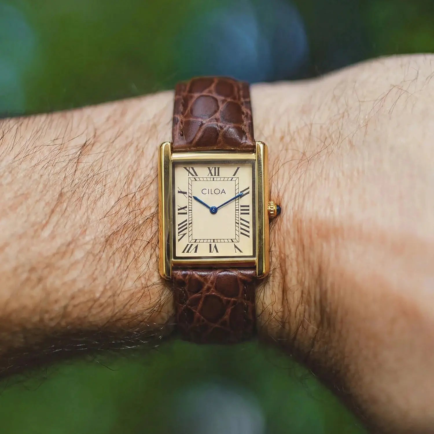 CILOA men's luxury retro square watch; gold case, cream dial, blue hands, brown leather strap.