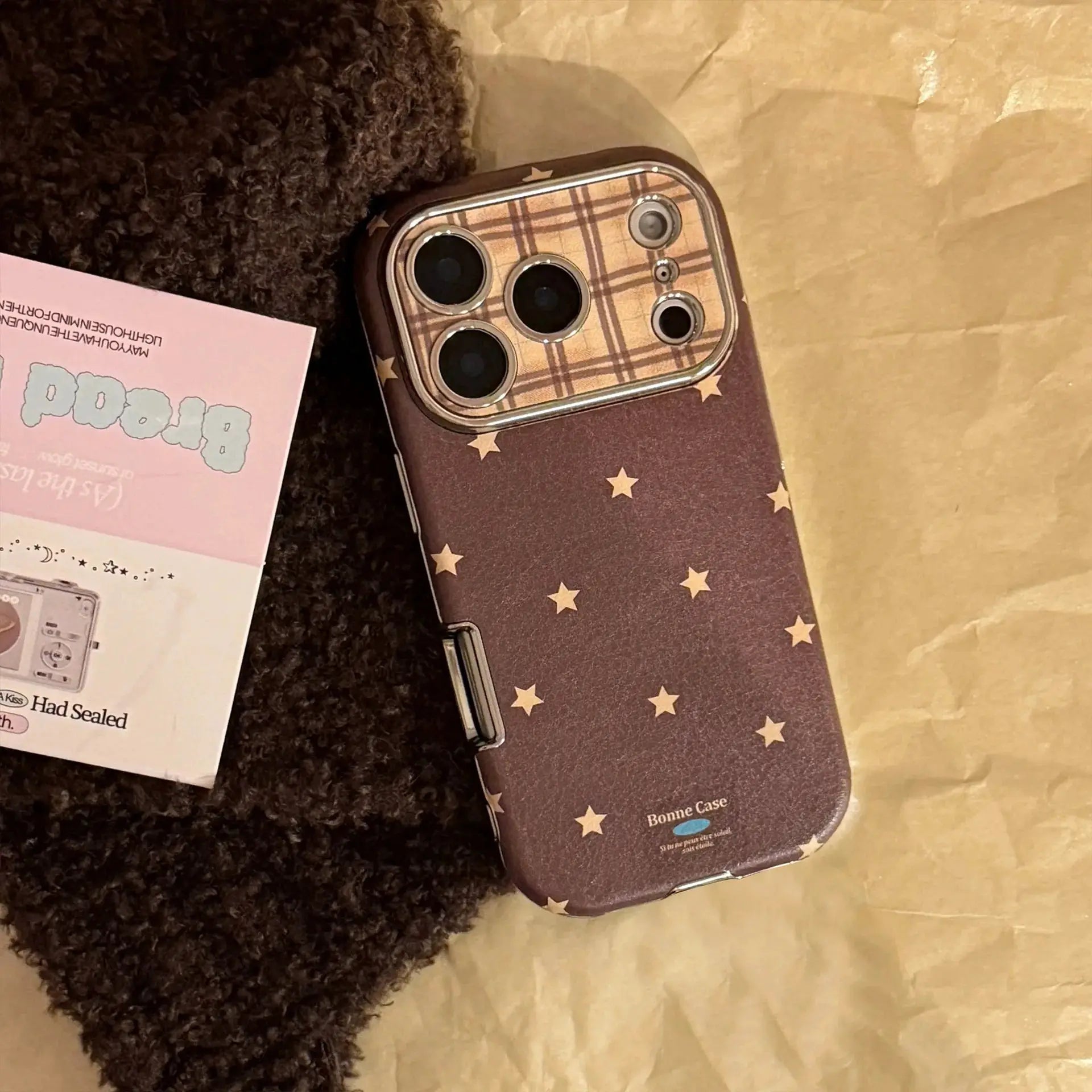 Korean Retro Stars plaid leather phone case for iPhone, brown with star pattern and shockproof edge