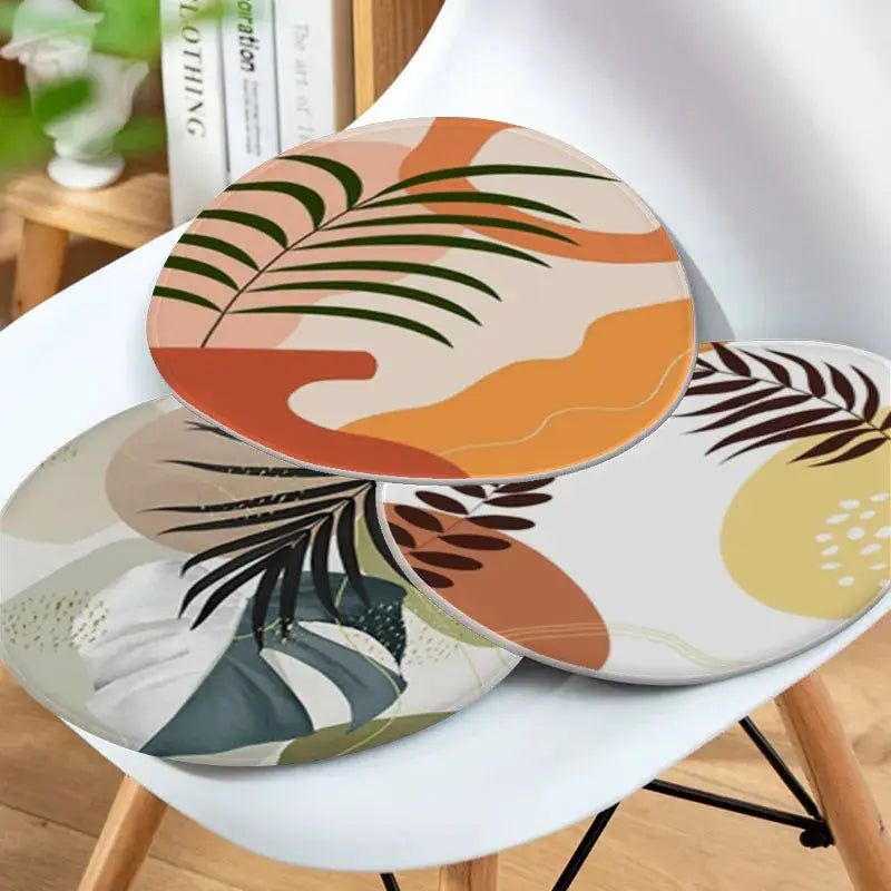 Simples Market palm tree leaves round chair cushions, set of 3, 45x45cm, tropical orange-beige-green pattern.