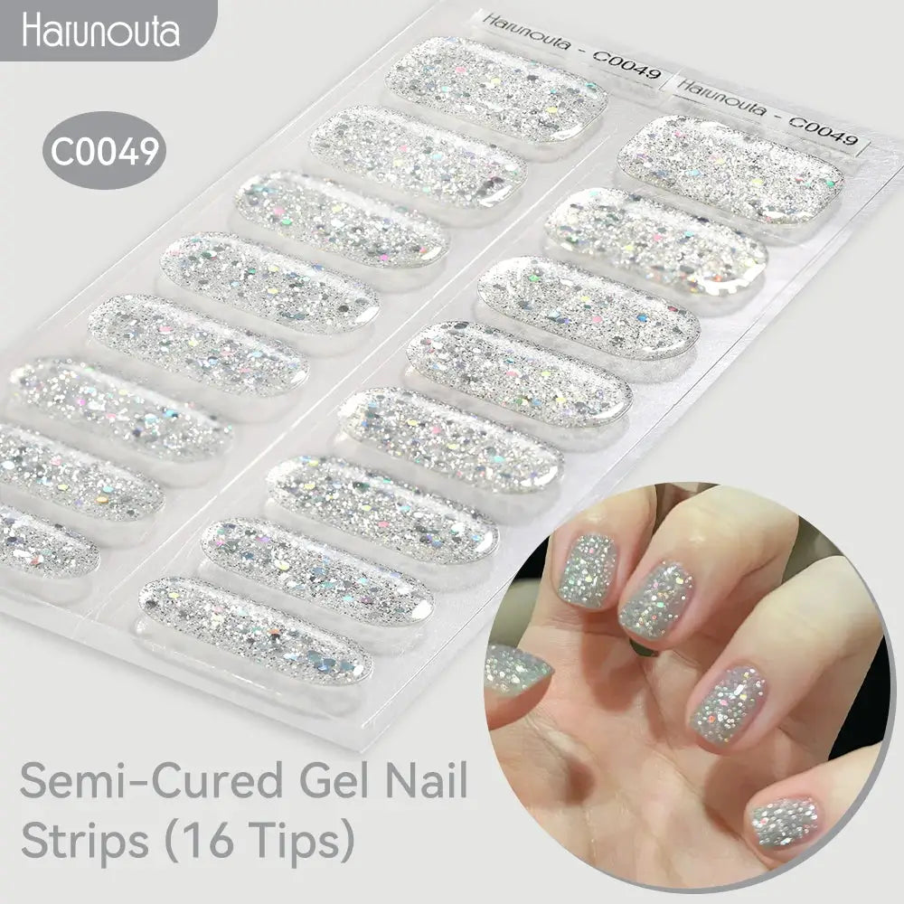 Harunouta semi-cured gel nail strips in silver glitter with holographic specks, 16 tips