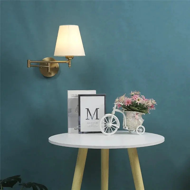 Nordic brass adjustable folding wall lamp with white shade and rotating arm