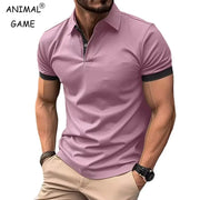 Men's pink polo shirt, short sleeves with black cuff trim, lightweight casual top
