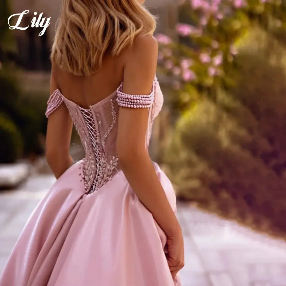 Lily Pink Aline Satin Prom Dress Off Shoulder Beaded Corset Gown