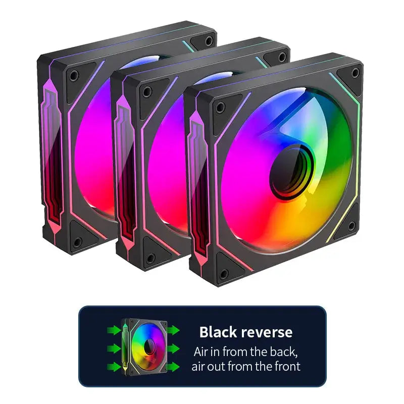 TEUCER LJ-4Pro ARGB 120mm PC case fan 3-pack with PWM, black frames, rainbow lighting.