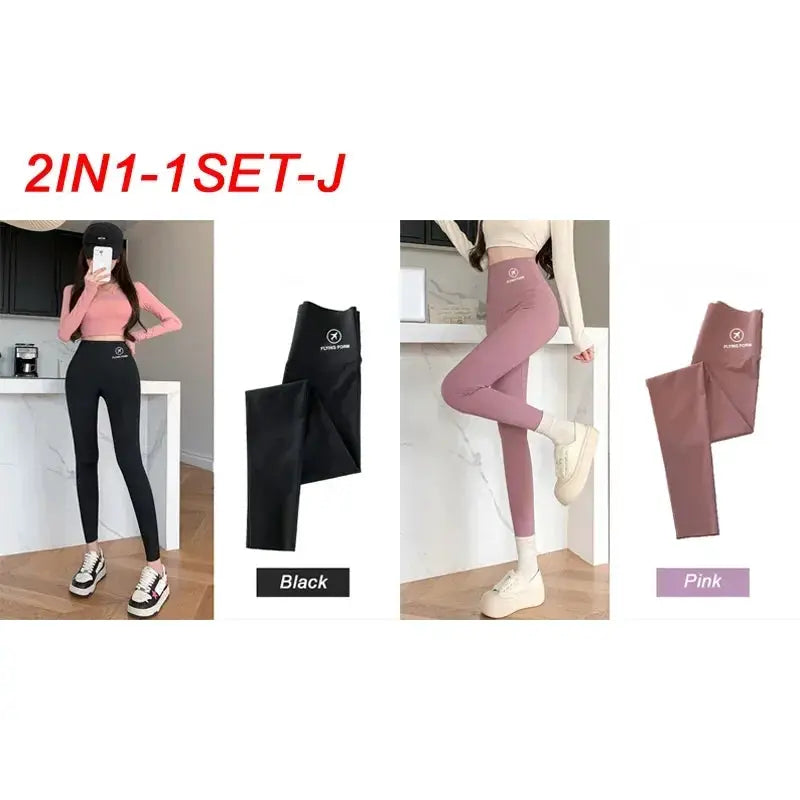Shark pants set by Simples Market for women; black and pink high-waisted belly-lift yoga tights, 2-in-1