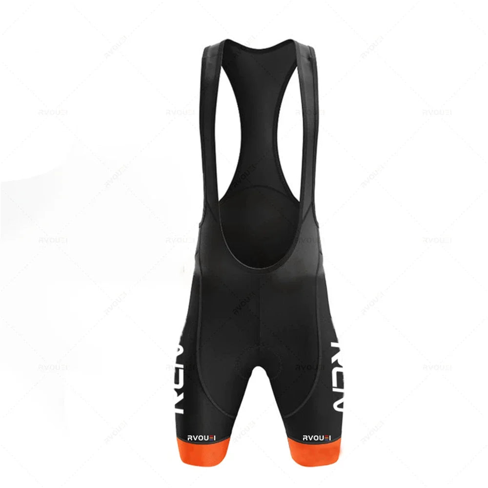 Rvouei cycling bib shorts, black with orange cuffs, RVOU branding