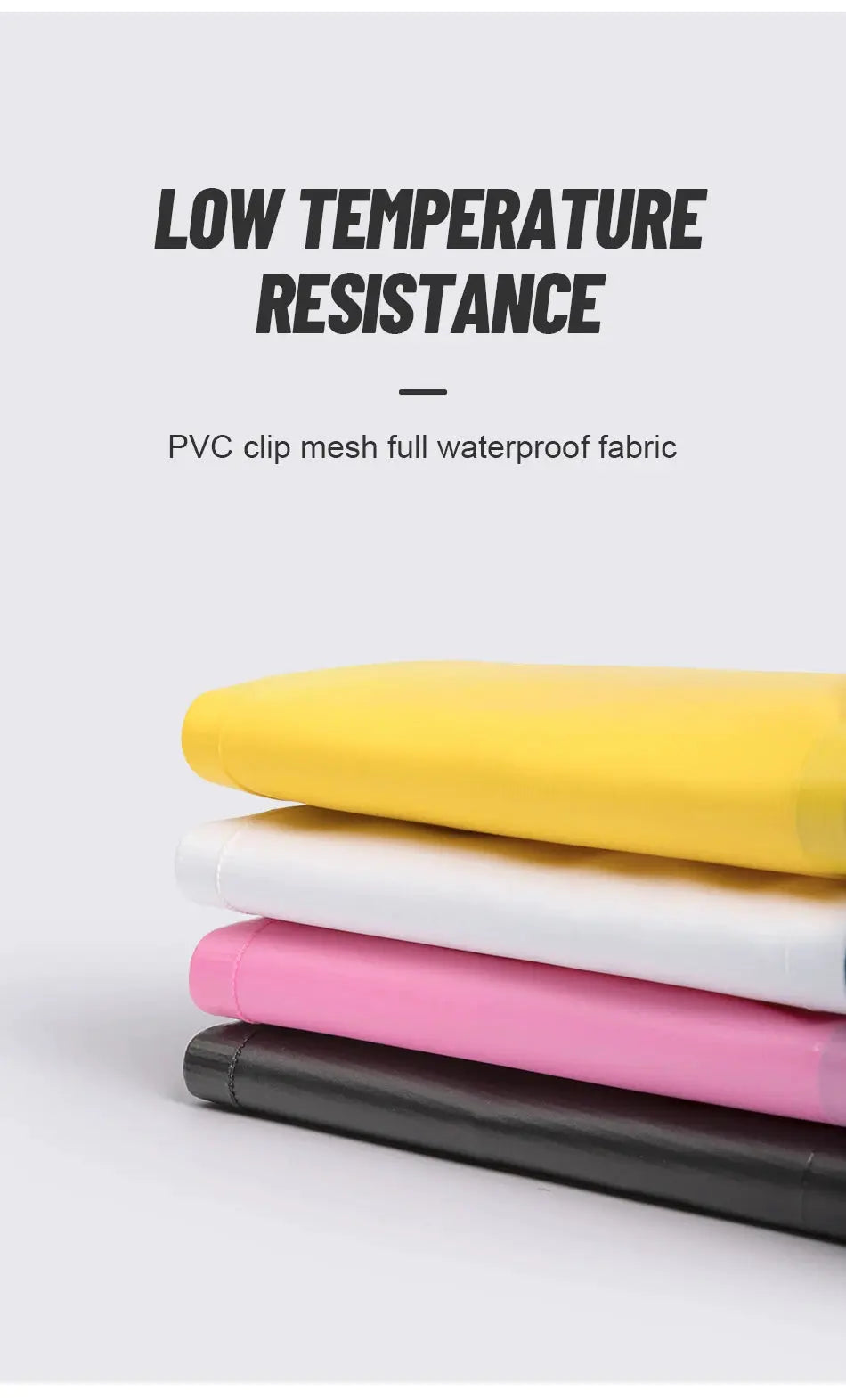 Gym bag fabric rolls in yellow, white, pink, and black; PVC waterproof fabric