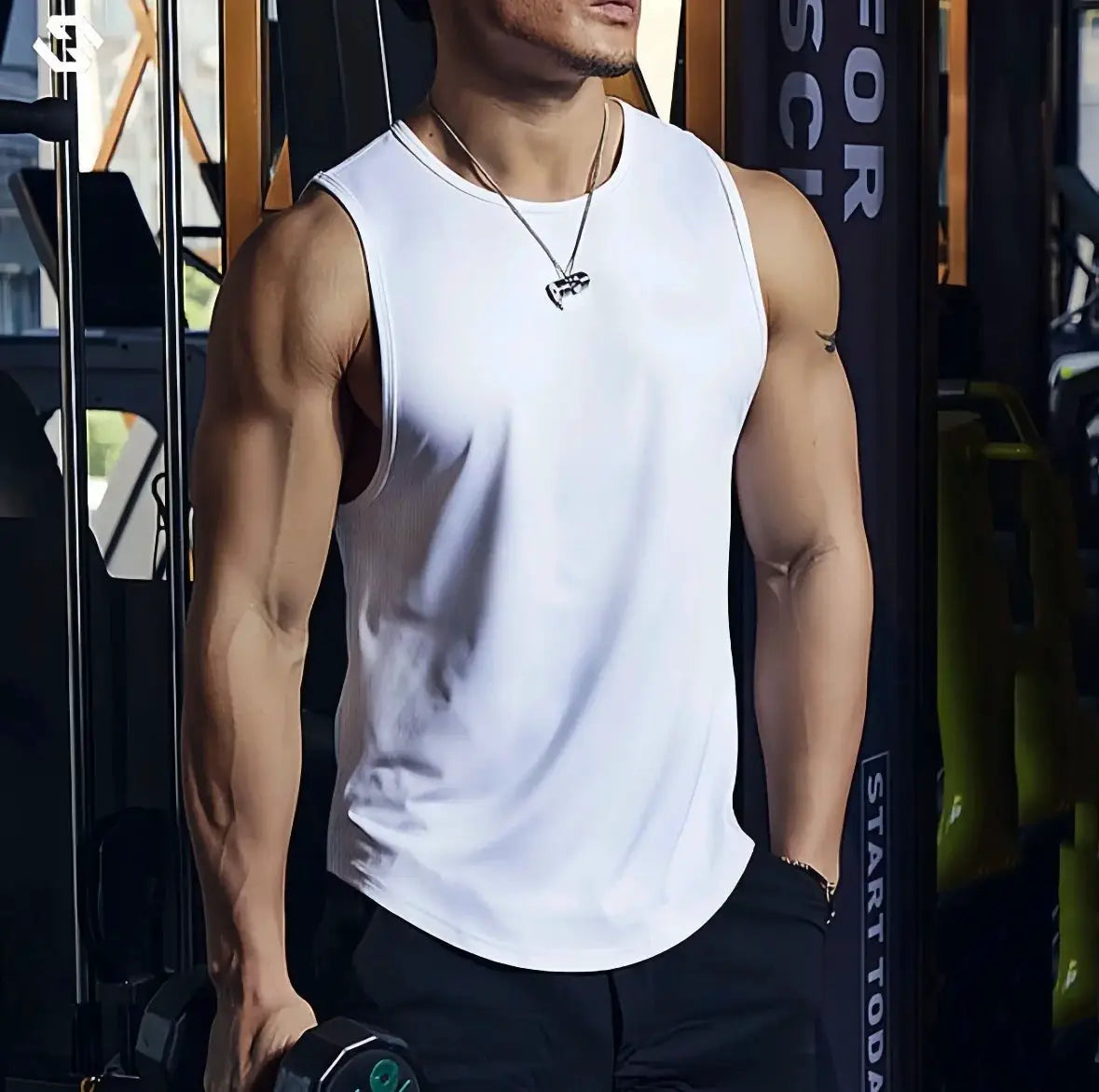 Men's white mesh gym tank top by Simples Market, quick-dry sleeveless fitness singlet