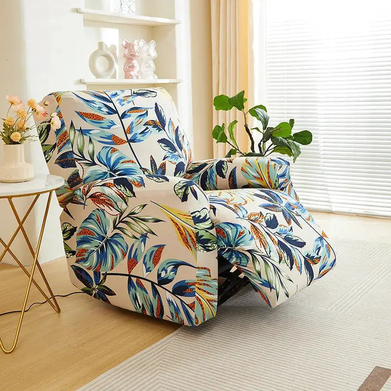Simples Market elastic recliner sofa cover with tropical leaf print in blue, teal and orange.