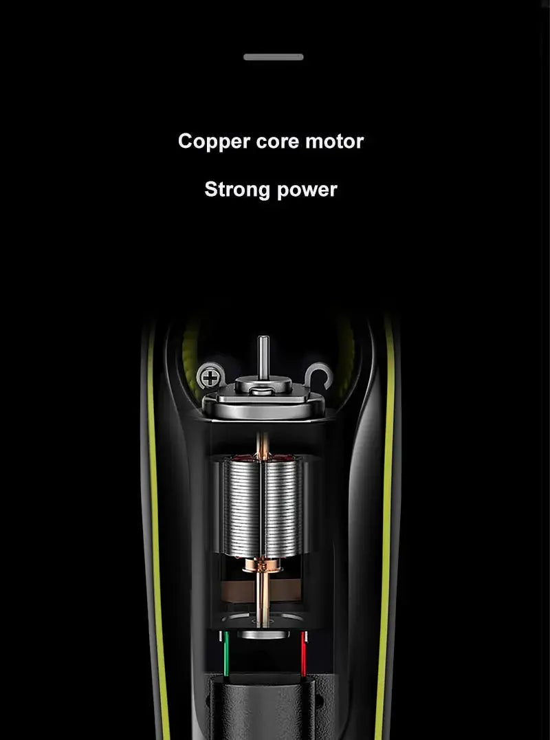 Kemei 696 electric hair clipper cross-section view, copper core motor, black body with lime green trim