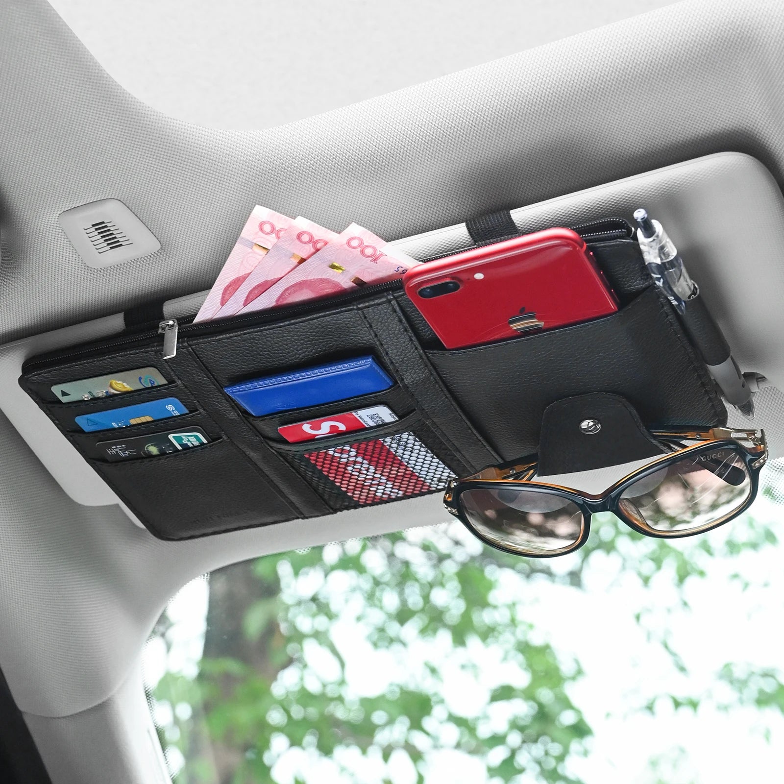 JFBONIN black leather car sun visor organizer with sunglasses clip; holds cards, phone, cash.