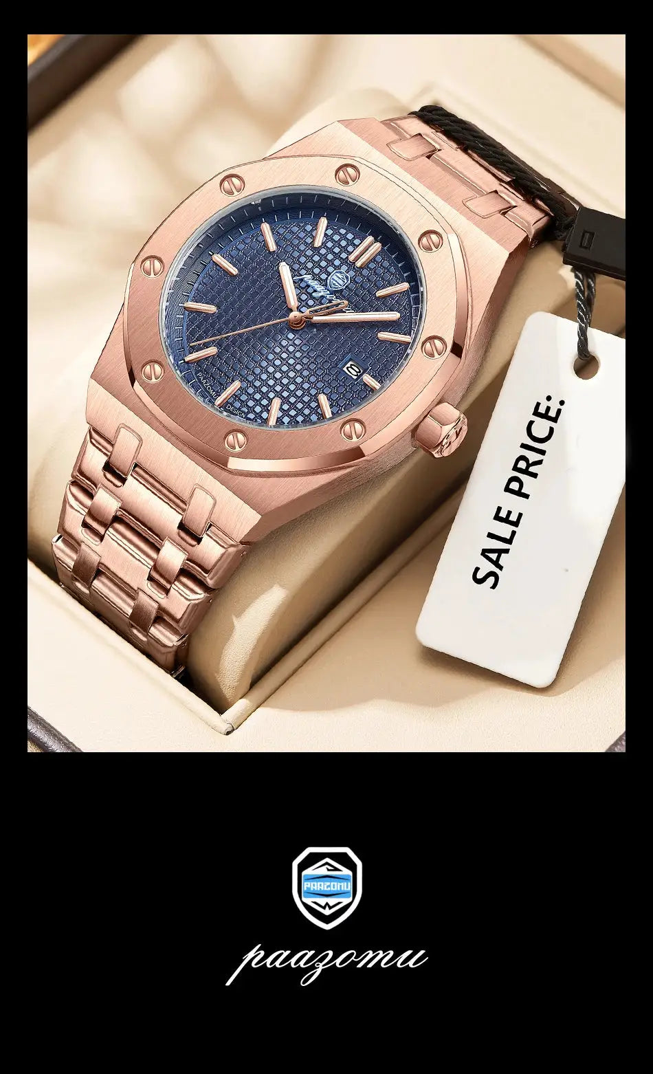 PAAZOMU rose-gold stainless steel men's quartz watch with blue textured dial, date window, waterproof