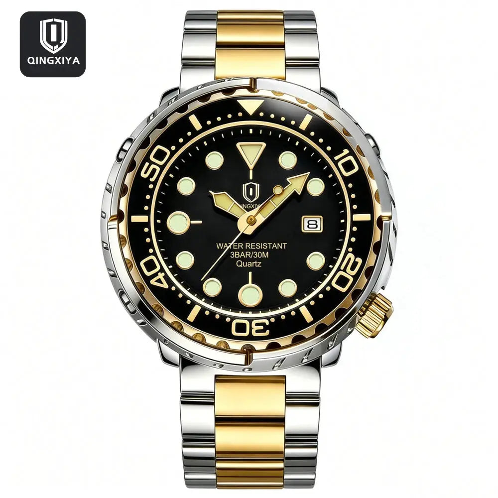 QINGXIYA men's two-tone stainless steel wristwatch with black dial, luminous markers, and date display