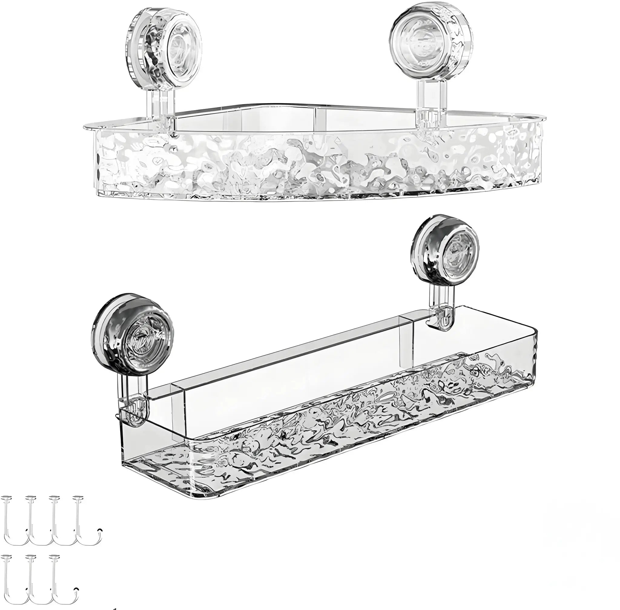 Simples Market crystal-clear corrugated suction cup storage shelf with glacier pattern and dual suction cups, no-drill