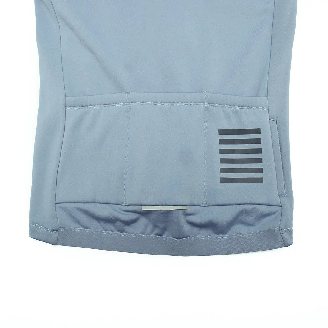 YKYWBIKE men's cycling jersey in light blue with fleece-lined long sleeves and a rear pocket.
