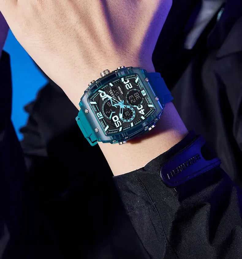 SMAEL 8109 men's square dual-display sport watch with teal silicone strap and luminous chronograph faces.