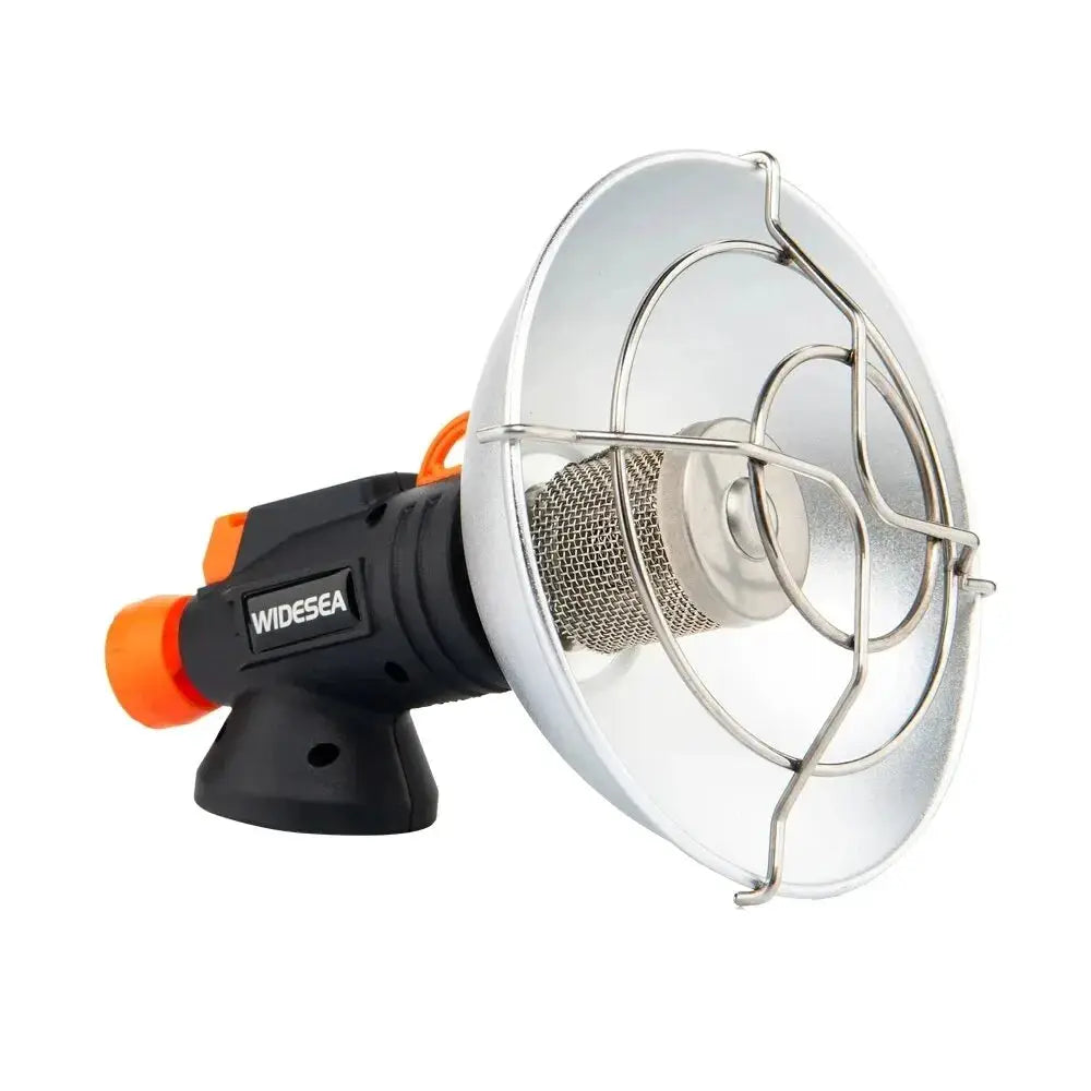 Widesea camping heater, portable black body with orange knob, stainless steel reflector and mesh burner