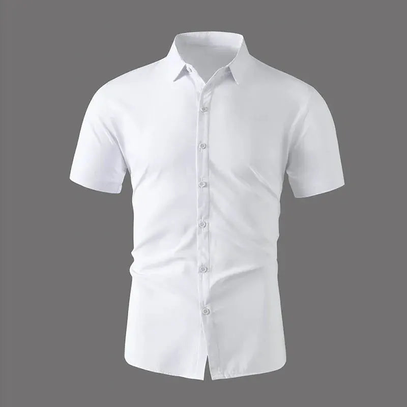 Men's white short-sleeve button-down shirt, business casual, versatile summer top